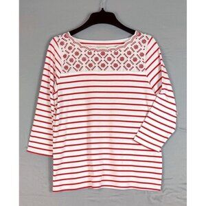 Allison Daily Tunic Knit Top Red White Stipes Three Quarter Sleeves Nautical